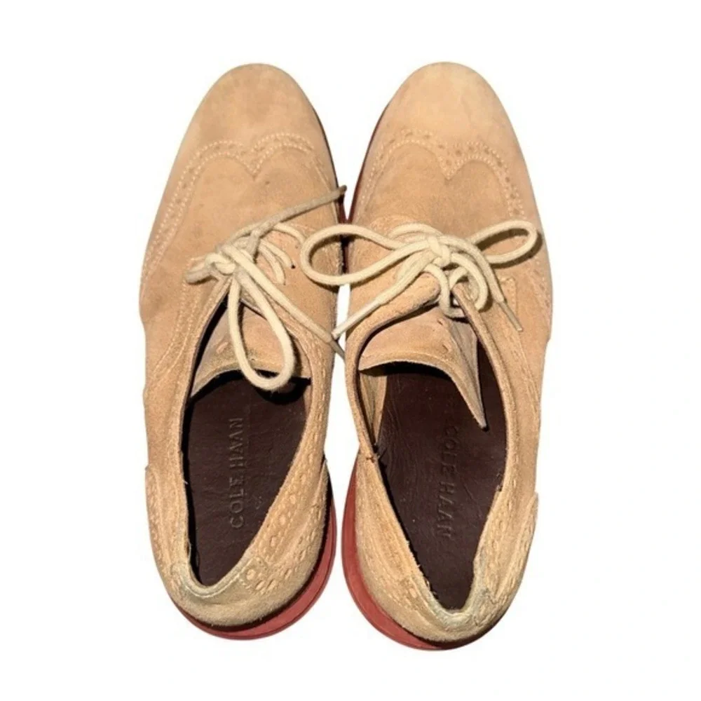 Cole Haan LunarGrand Oxford Mens 8M Pre-Owned Wingtip‎ Tan Suede Red Dress Shoes